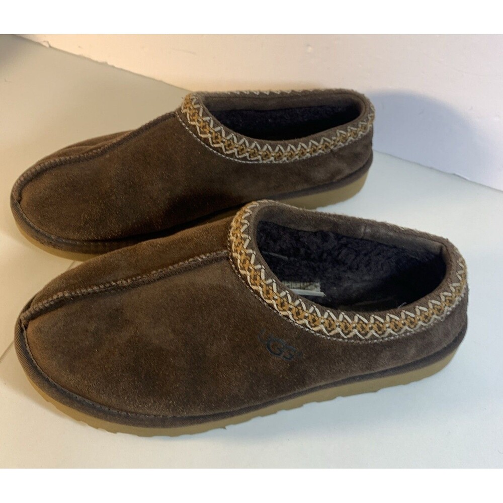 UGG Tasman Mens Brown Leather Slippers Size 10 Embroidered Braid Slip On